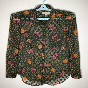 Loft Womens Long Sleeve Button Up‎ Green Flower and Polka Dots Sheer Blouse Sz M